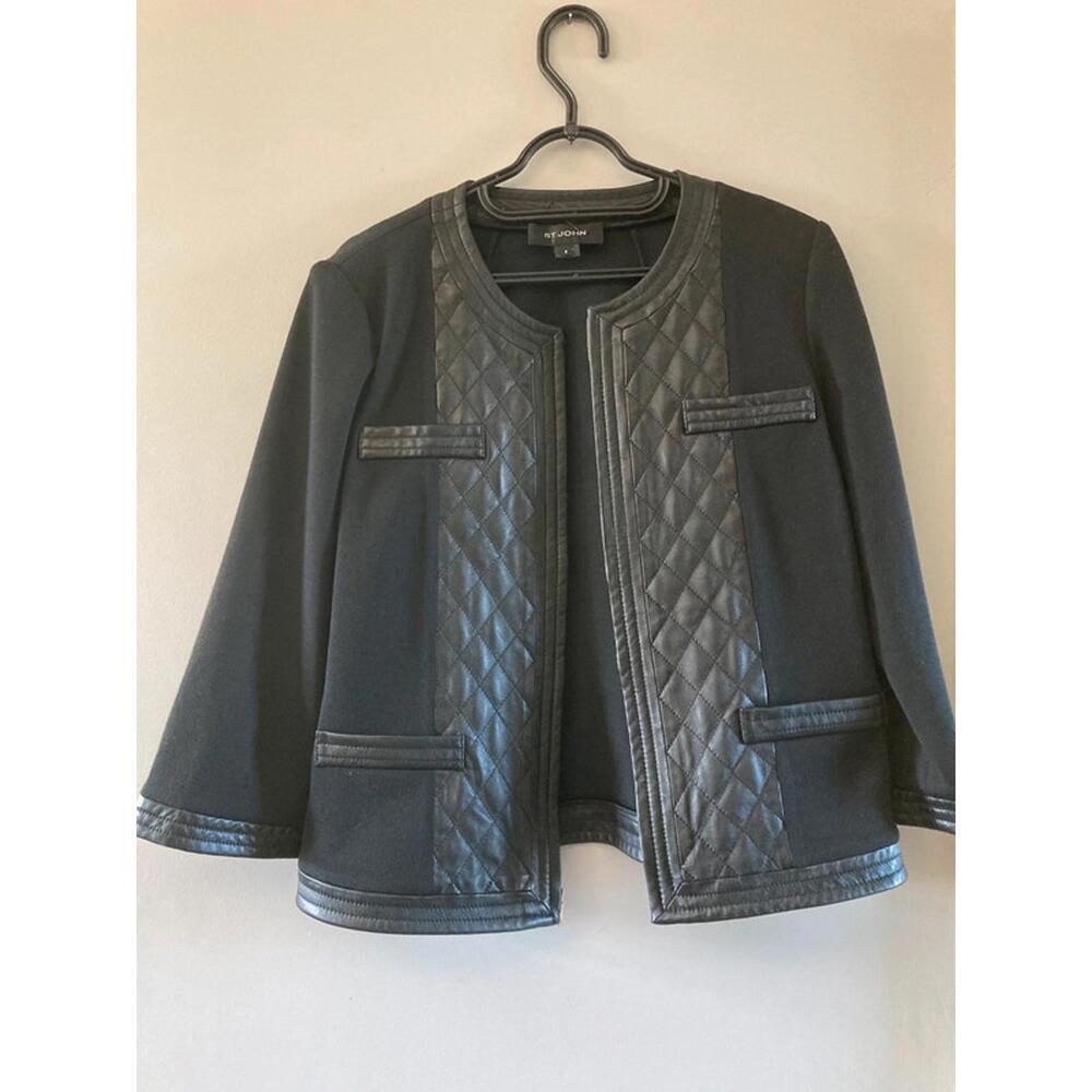 St. John black ladies zip up blazer leather, wool and silk size 8 Medium